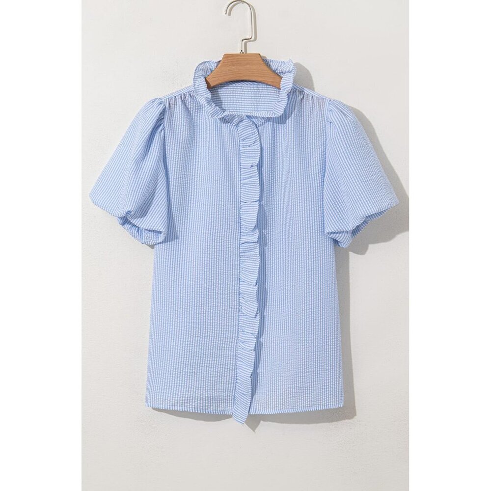 Women's Striped Button Down Shirt Casual Work Top Ruffle Stand Collar - Picture 6 of 8